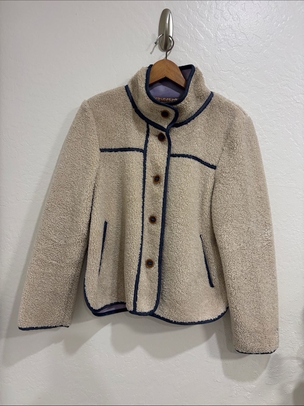 Anthropologie Cream Teddy Jacket with Navy Trim